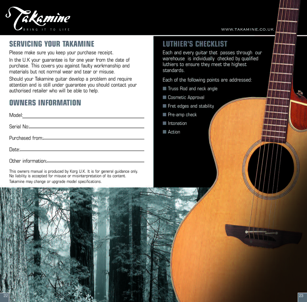 Pioneer CT4-B owner manual Servicing Your Takamine, Owners Information 