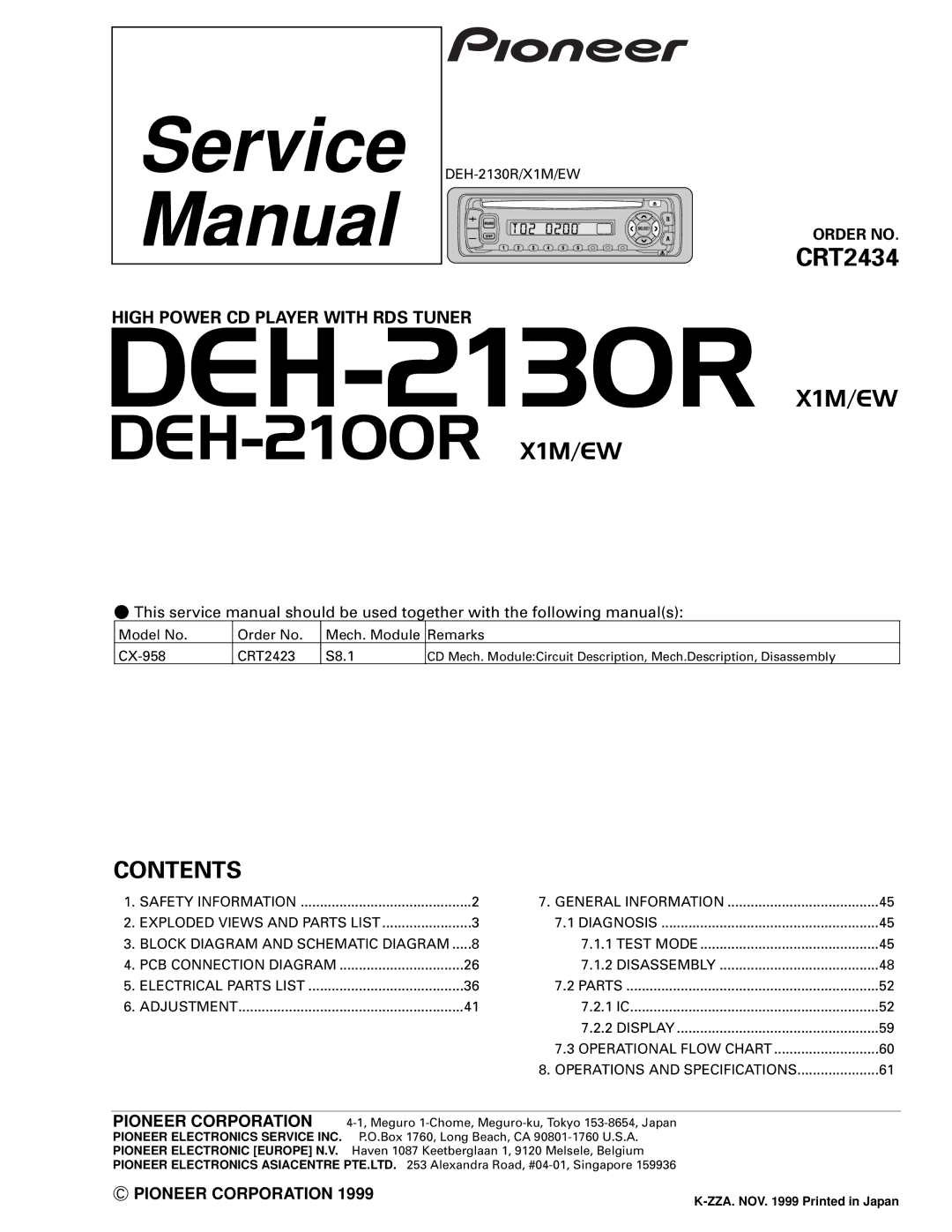 Pioneer CX-958 service manual DEH-2130R X1M/EW, Contents 