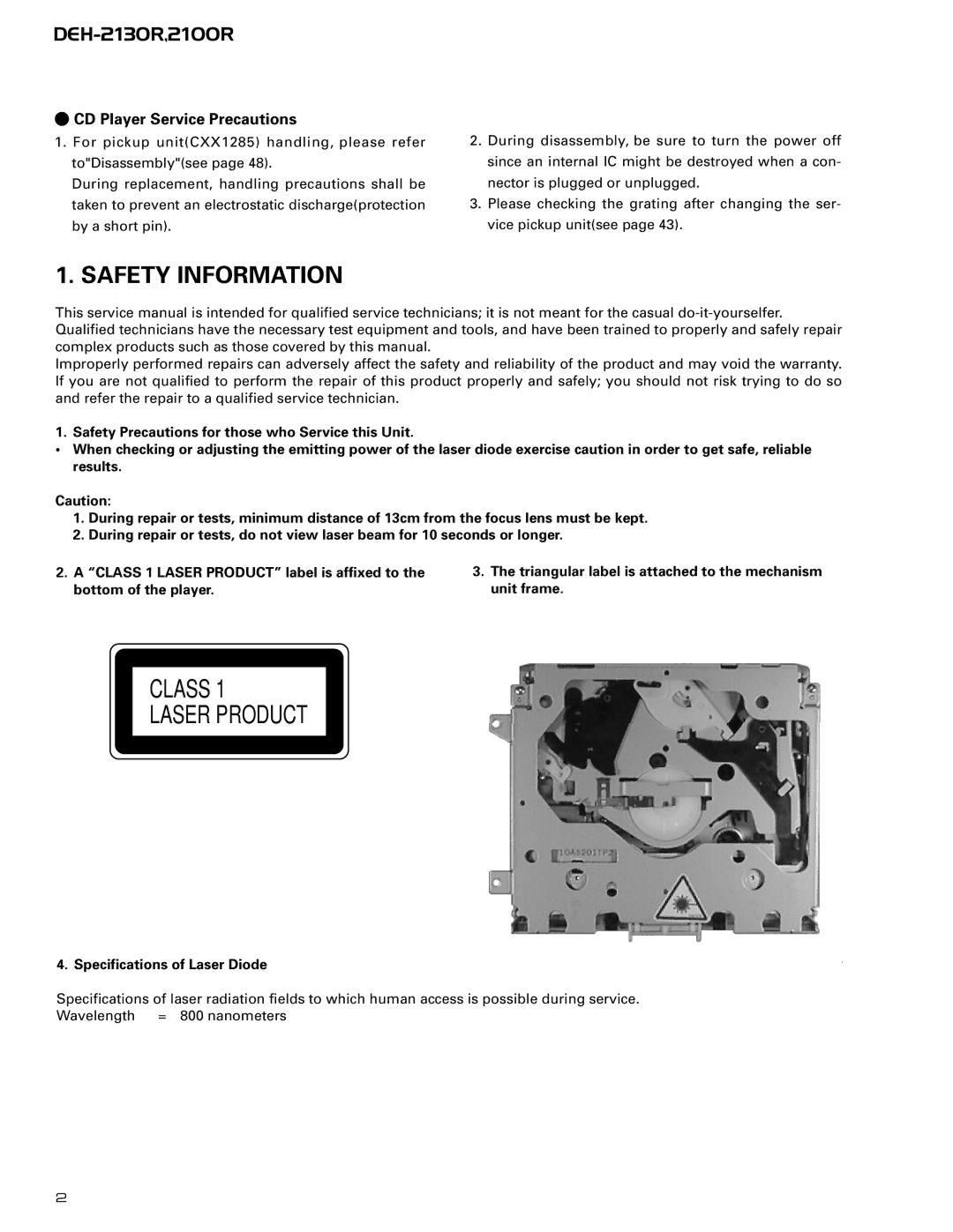 Pioneer CX-958 service manual Safety Information, CD Player Service Precautions 