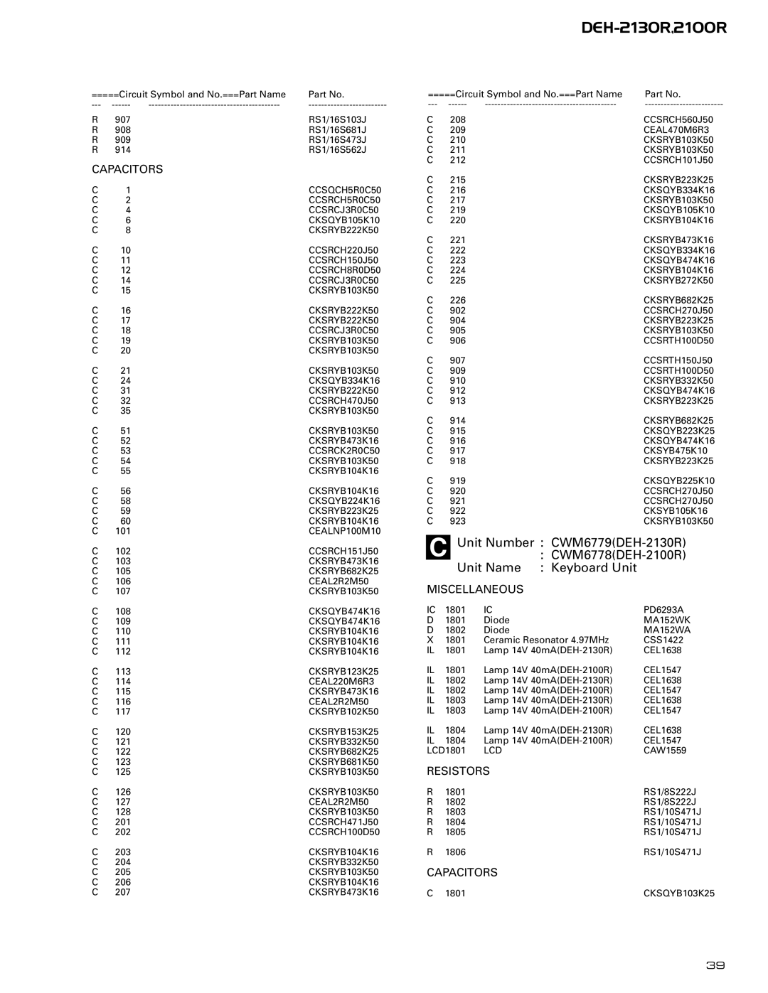 Pioneer CX-958 service manual Unit Number CWM6779DEH-2130R 