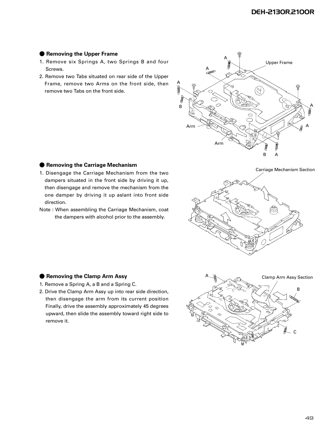 Pioneer CX-958 service manual Removing the Upper Frame, Removing the Carriage Mechanism, Removing the Clamp Arm Assy 