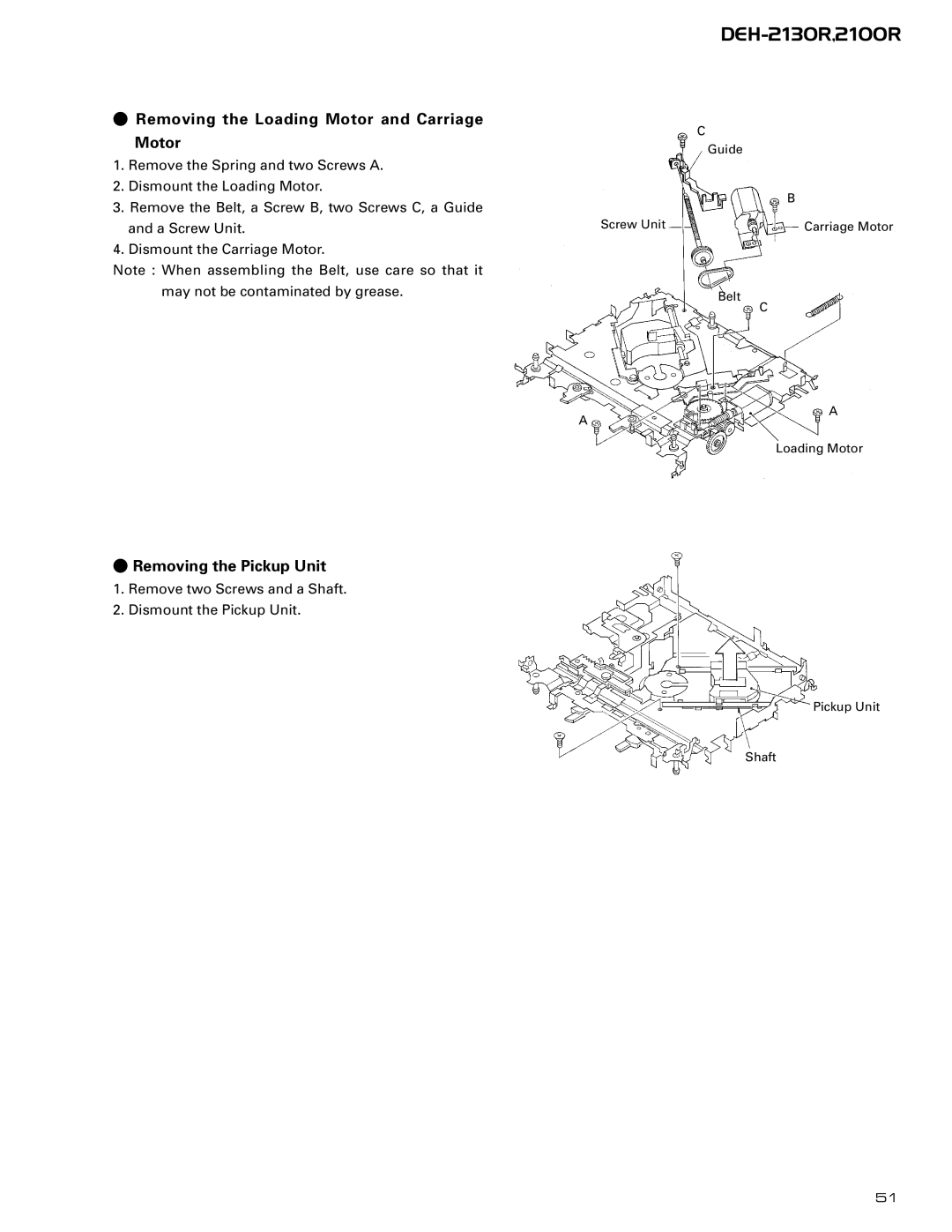 Pioneer CX-958 service manual Removing the Loading Motor and Carriage, Removing the Pickup Unit 