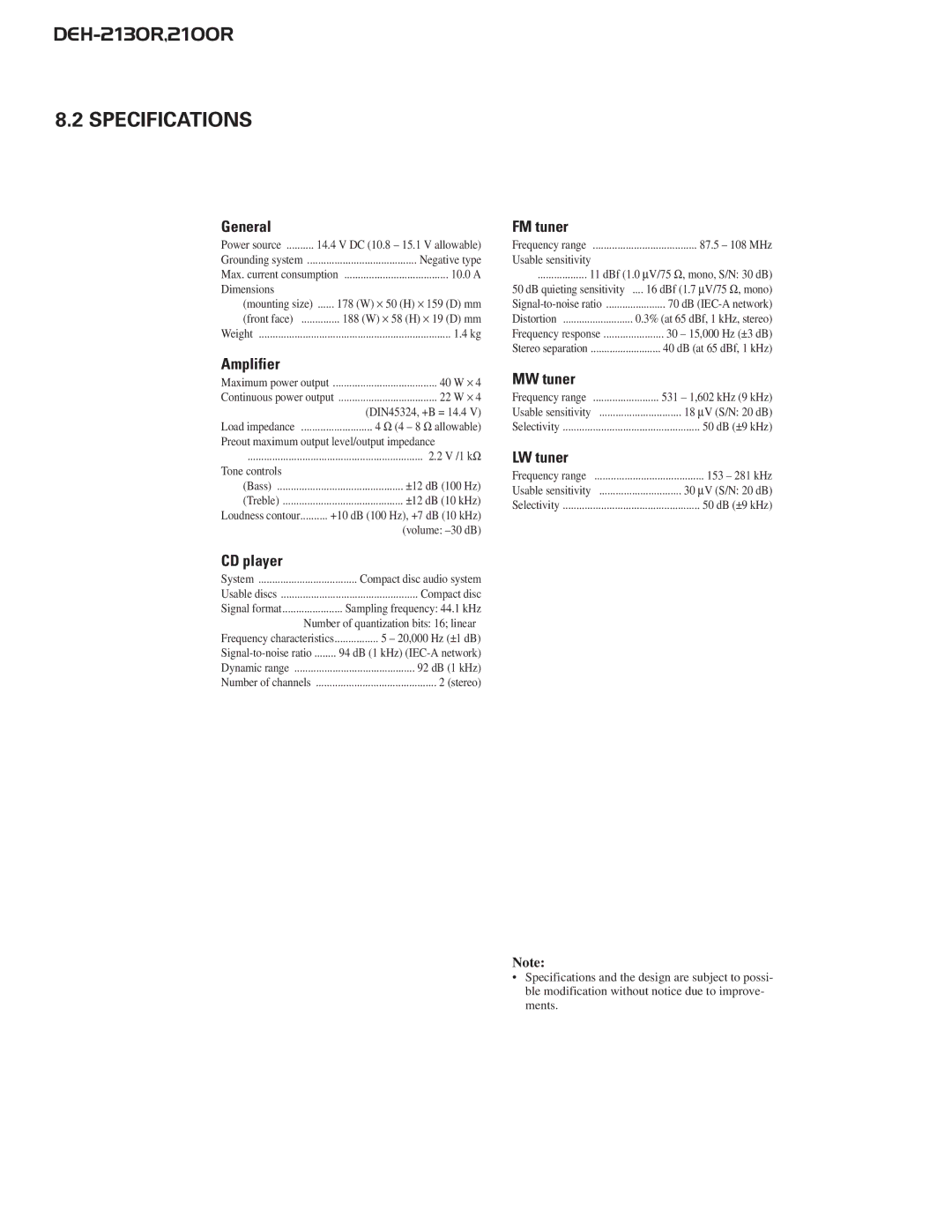 Pioneer CX-958 service manual Specifications 