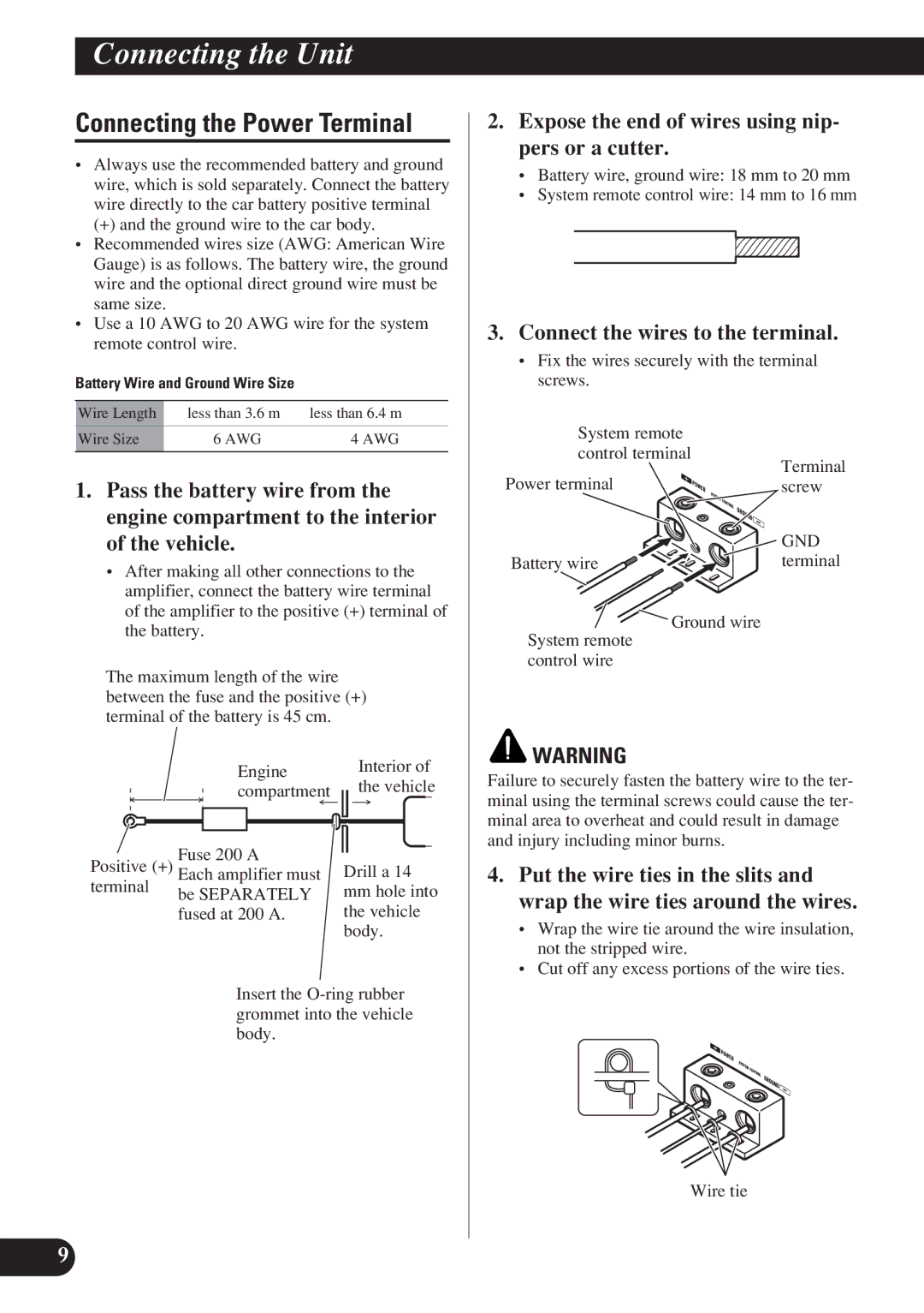 Pioneer D1200SPL owner manual Connecting the Power Terminal, Expose the end of wires using nip- pers or a cutter, Gnd 