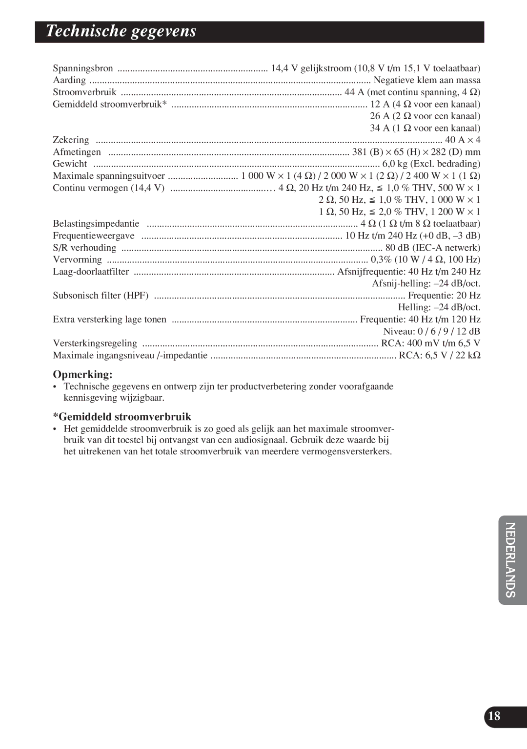 Pioneer D1200SPL owner manual Technische gegevens 