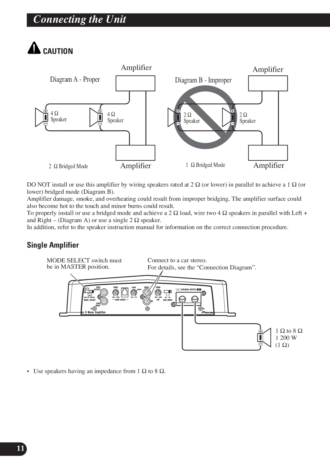 Pioneer D1200SPL owner manual Single Amplifier, Speaker, Bridged Mode, Connect to a car stereo, Be in Master position 