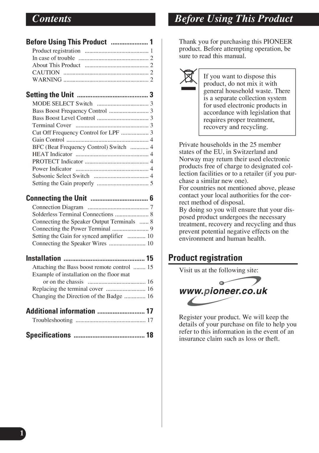 Pioneer D1200SPL owner manual Contents, Before Using This Product 