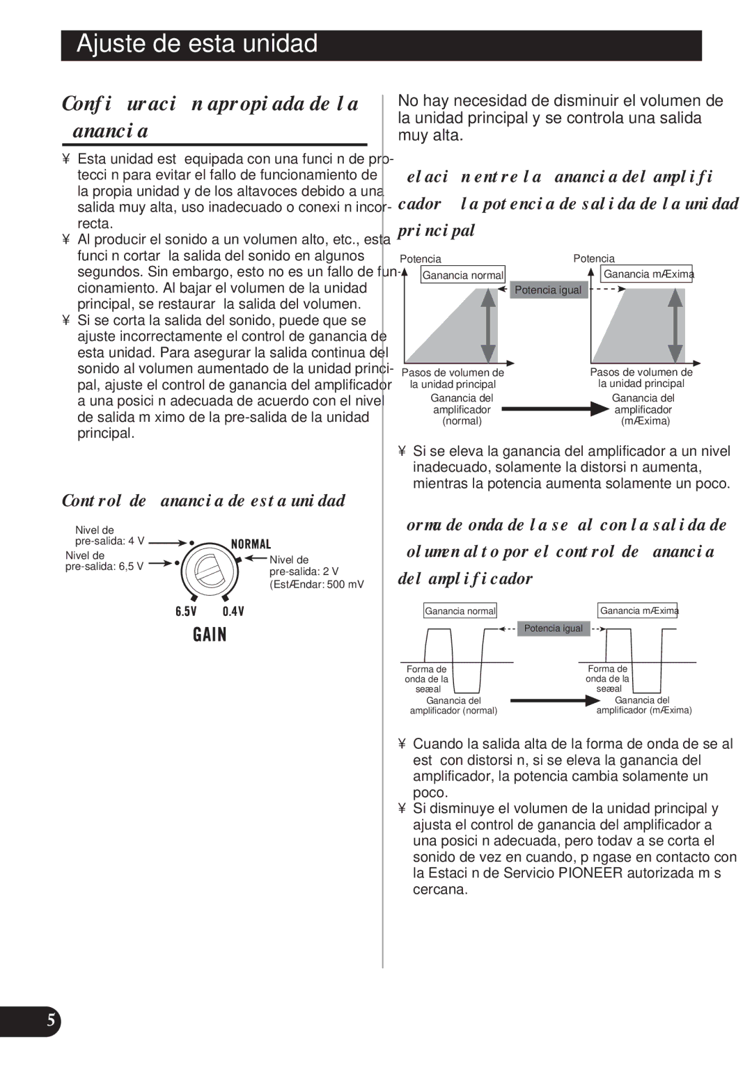 Pioneer D1200SPL owner manual Configuración apropiada de la ganancia, Relación entre la ganancia del amplifi, Principal 