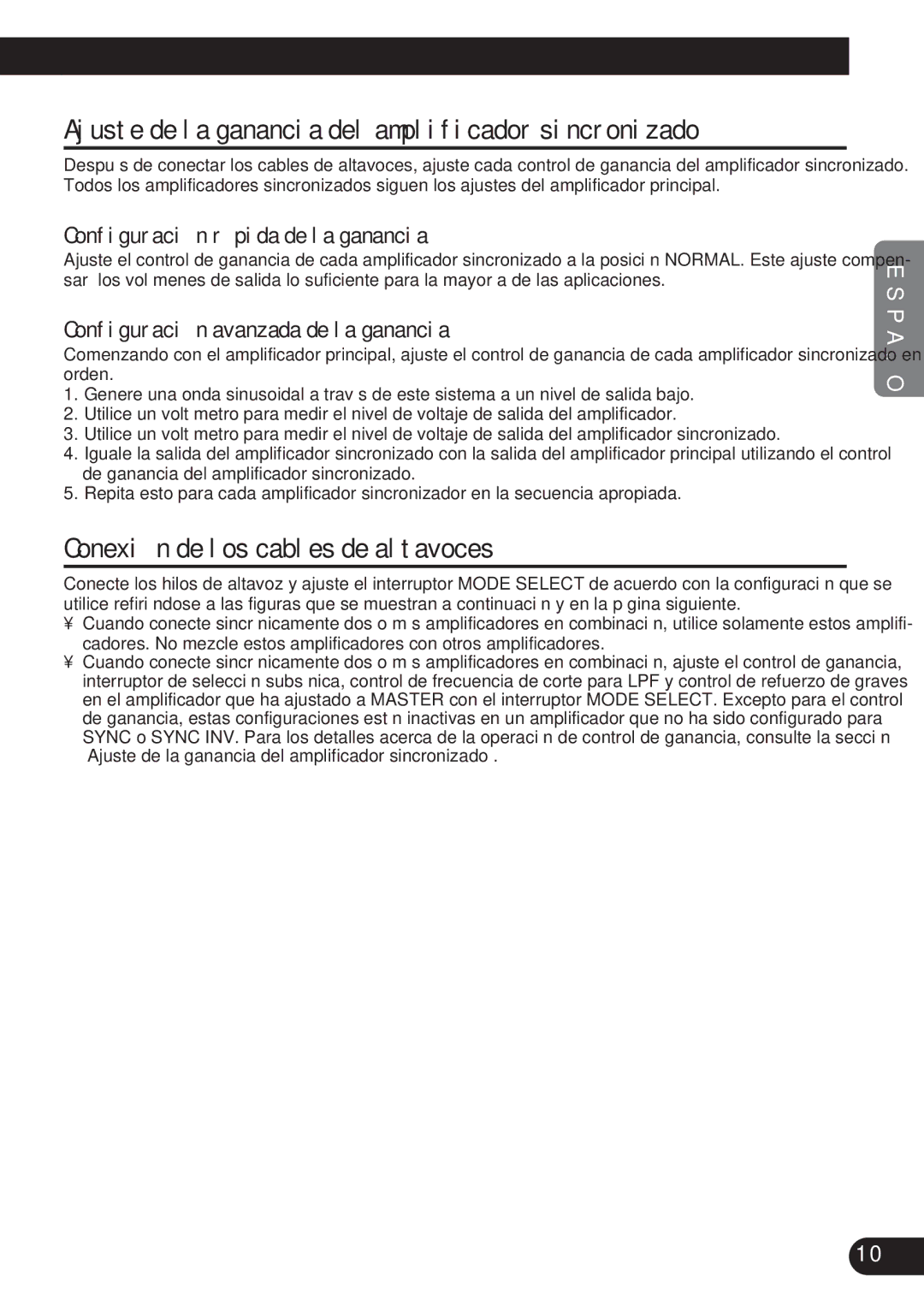 Pioneer D1200SPL owner manual Ajuste de la ganancia del amplificador sincronizado, Conexión de los cables de altavoces 