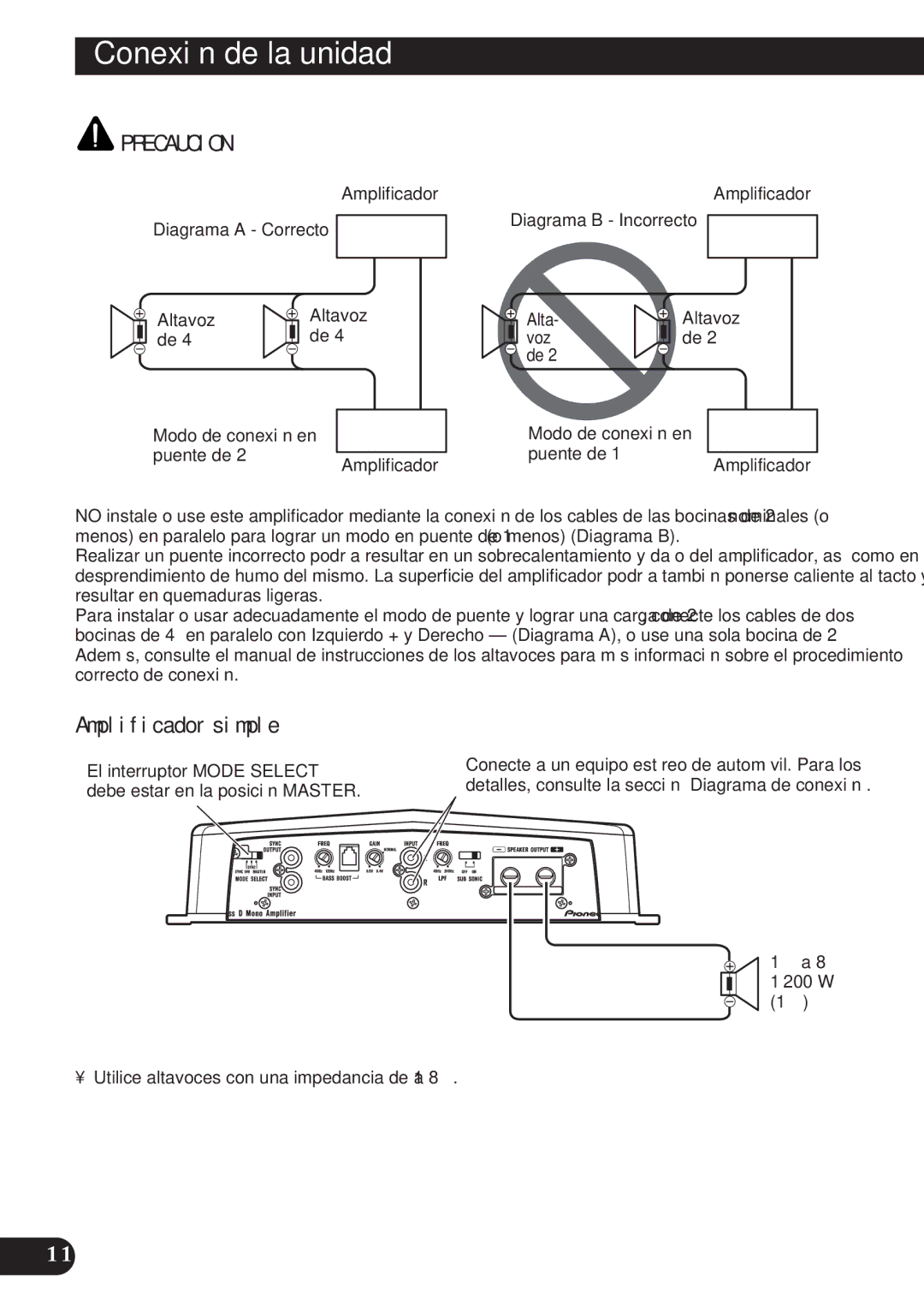 Pioneer D1200SPL owner manual Amplificador simple, Amplificador Diagrama a Correcto Altavoz, El interruptor Mode Select 