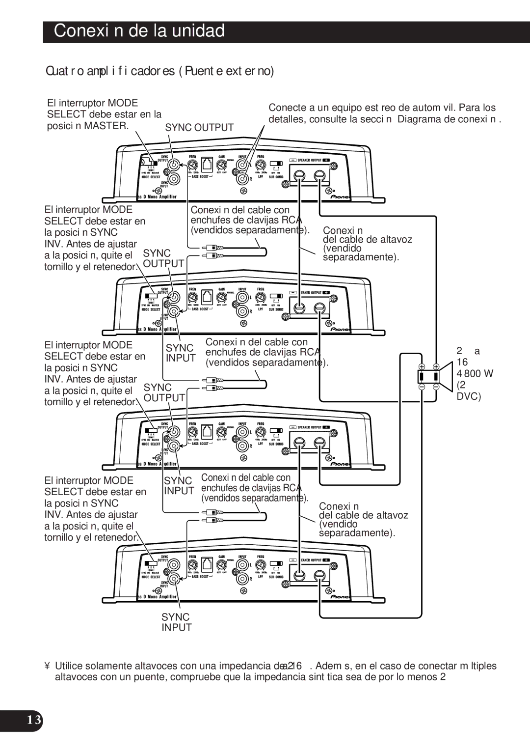 Pioneer D1200SPL owner manual Cuatro amplificadores Puente externo, DVC Sync Input 