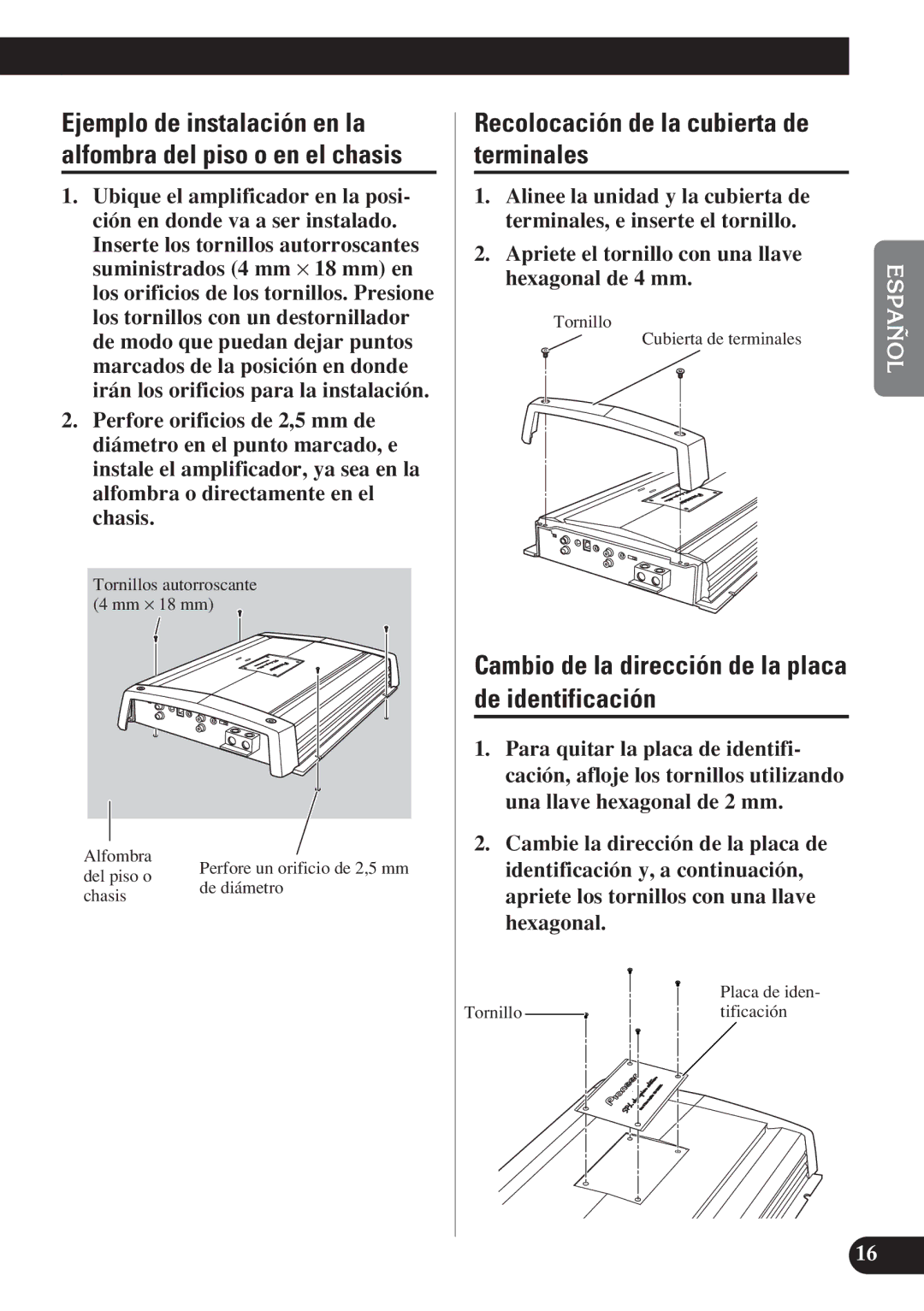 Pioneer D1200SPL Recolocación de la cubierta de terminales, Cambio de la dirección de la placa de identificación 