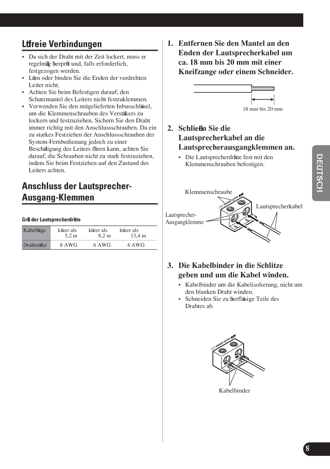 Pioneer D1200SPL owner manual Lötfreie Verbindungen, Anschluss der Lautsprecher- Ausgang-Klemmen 