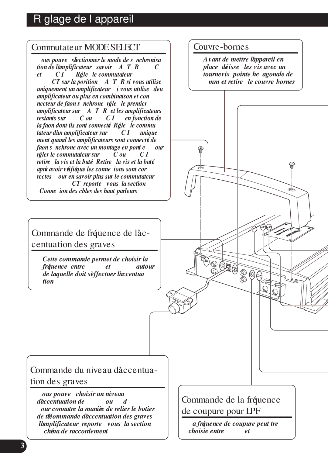 Pioneer D1200SPL Réglage de l’appareil, Commutateur Mode Select, Commande de fréquence de l’ac- centuation des graves 