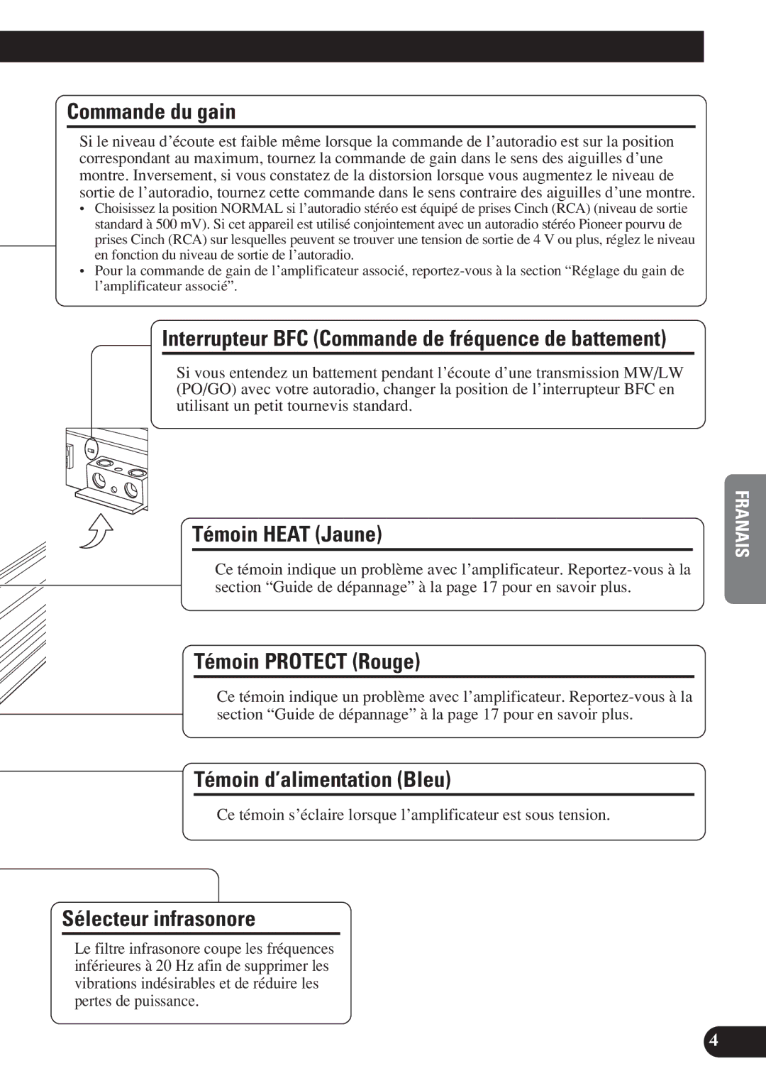 Pioneer D1200SPL owner manual Commande du gain, Témoin Heat Jaune, Témoin Protect Rouge, Témoin d’alimentation Bleu 