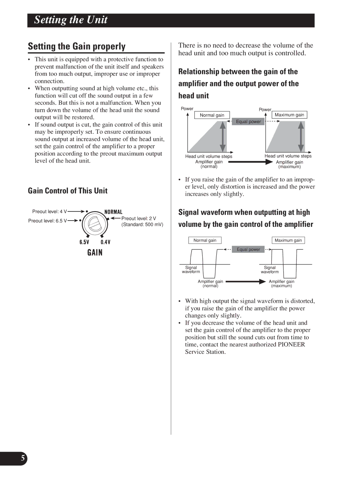 Pioneer D1200SPL owner manual Setting the Gain properly, Gain Control of This Unit, Signal waveform when outputting at high 