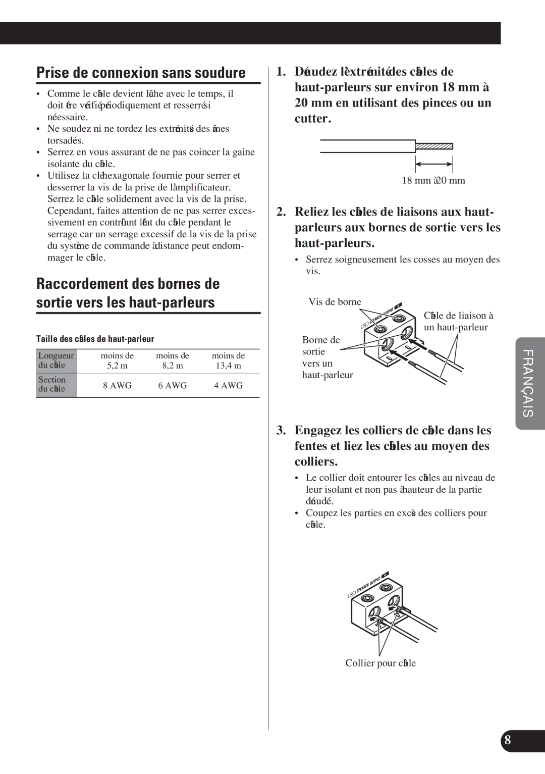 Pioneer D1200SPL owner manual Raccordement des bornes de sortie vers les haut-parleurs, 18 mm à 20 mm 