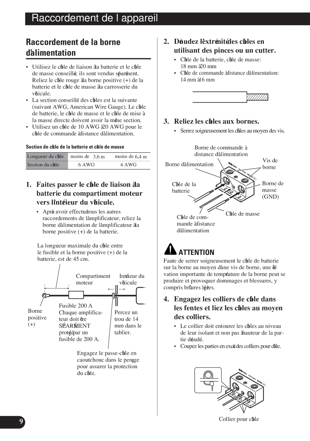 Pioneer D1200SPL owner manual Raccordement de la borne d’alimentation, Reliez les câbles aux bornes, Séparément 