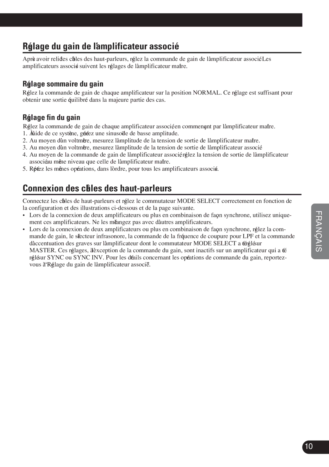 Pioneer D1200SPL Réglage du gain de l’amplificateur associé, Connexion des câbles des haut-parleurs, Réglage fin du gain 