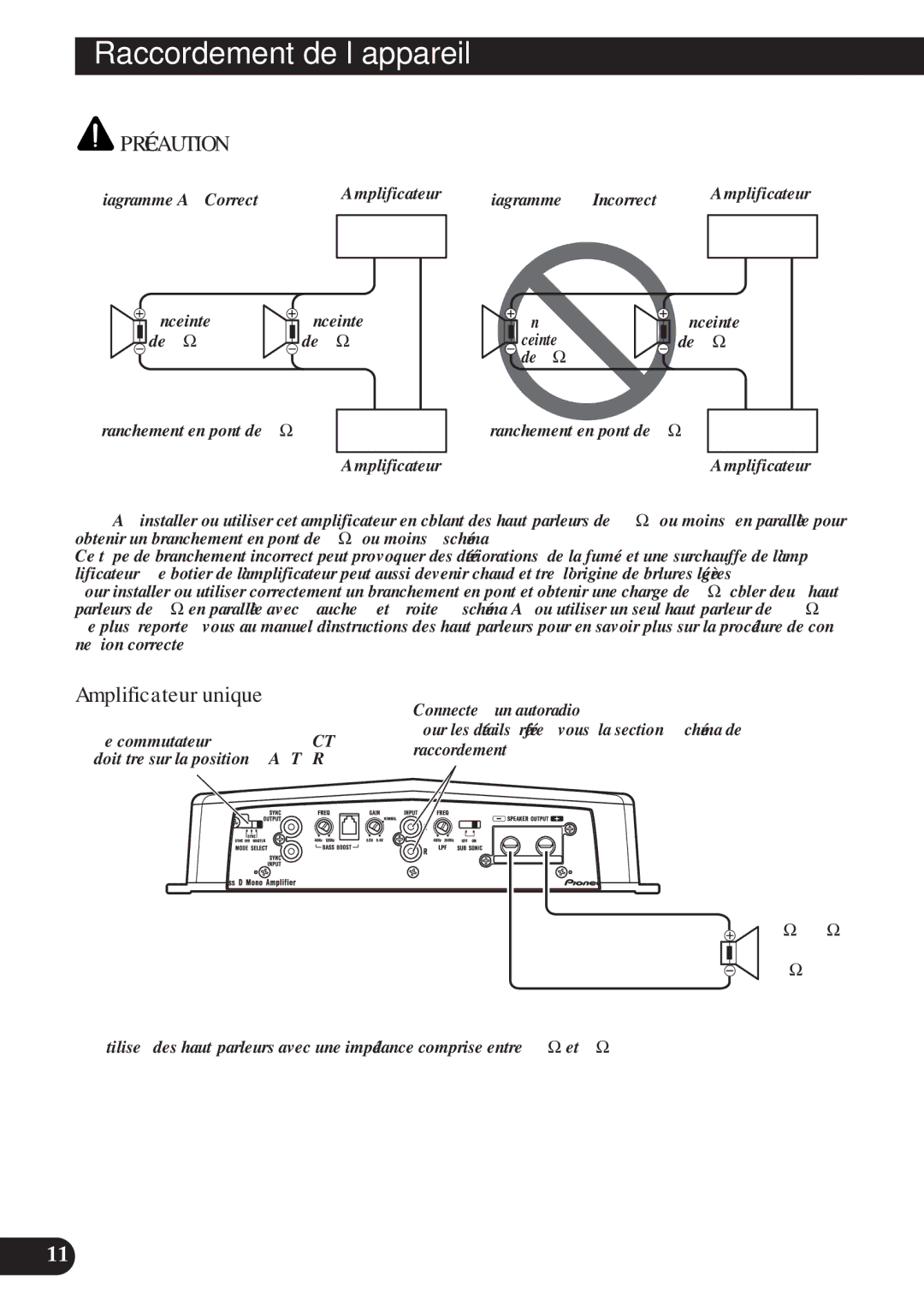 Pioneer D1200SPL Amplificateur unique, Diagramme a Correct Amplificateur Enceinte, Connectez à un autoradio, Raccordement 