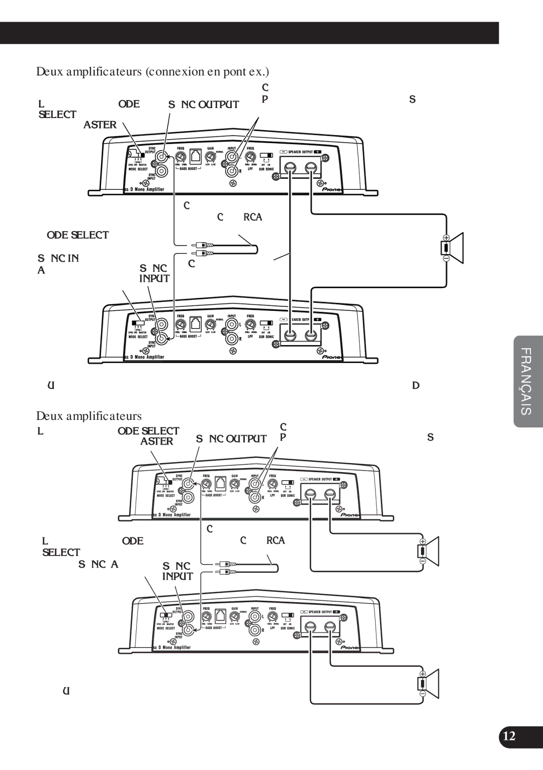 Pioneer D1200SPL owner manual Deux amplificateurs connexion en pont ex 