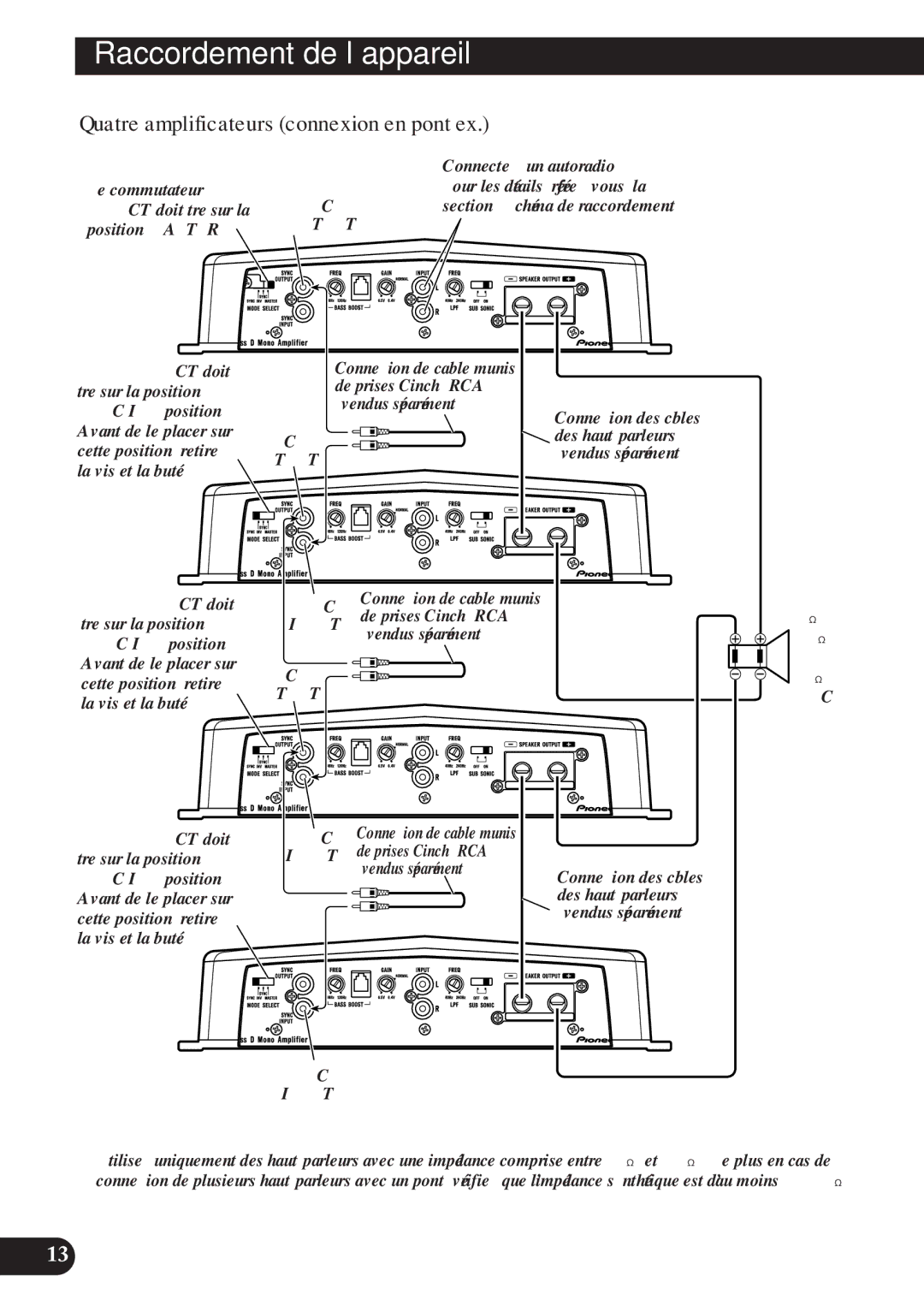 Pioneer D1200SPL owner manual Quatre amplificateurs connexion en pont ex, Mode Select doit, Avant de le placer sur 