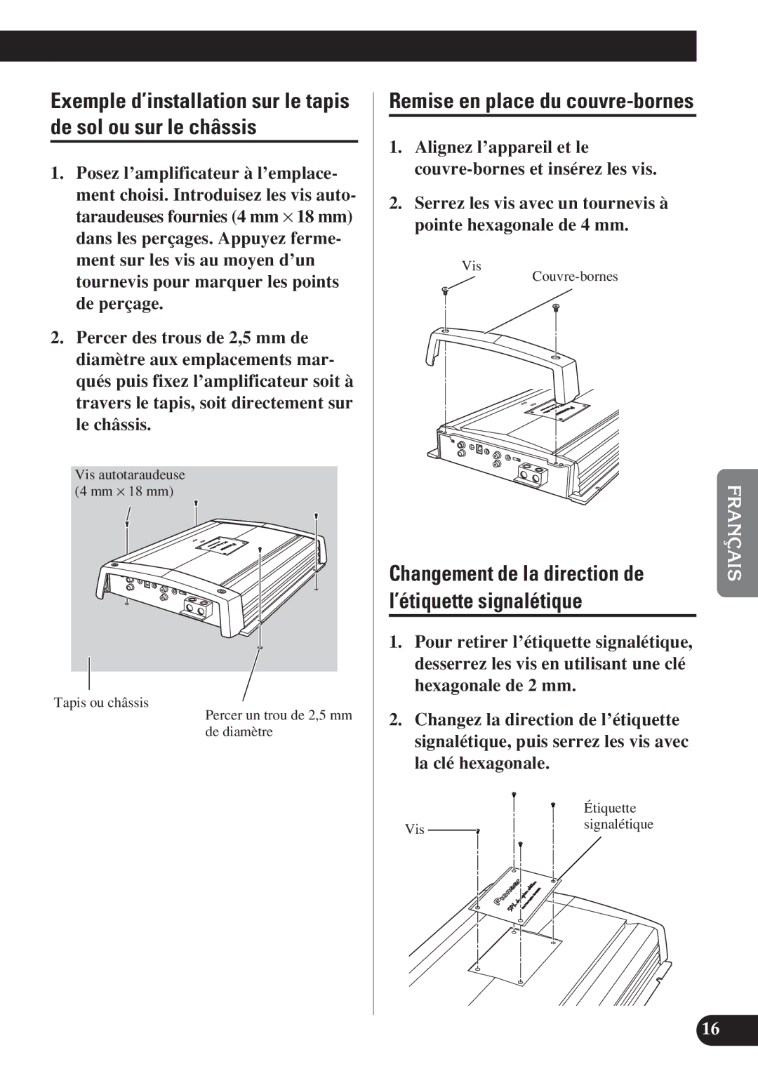 Pioneer D1200SPL owner manual Changement de la direction de l’étiquette signalétique, Vis Couvre-bornes, Étiquette 