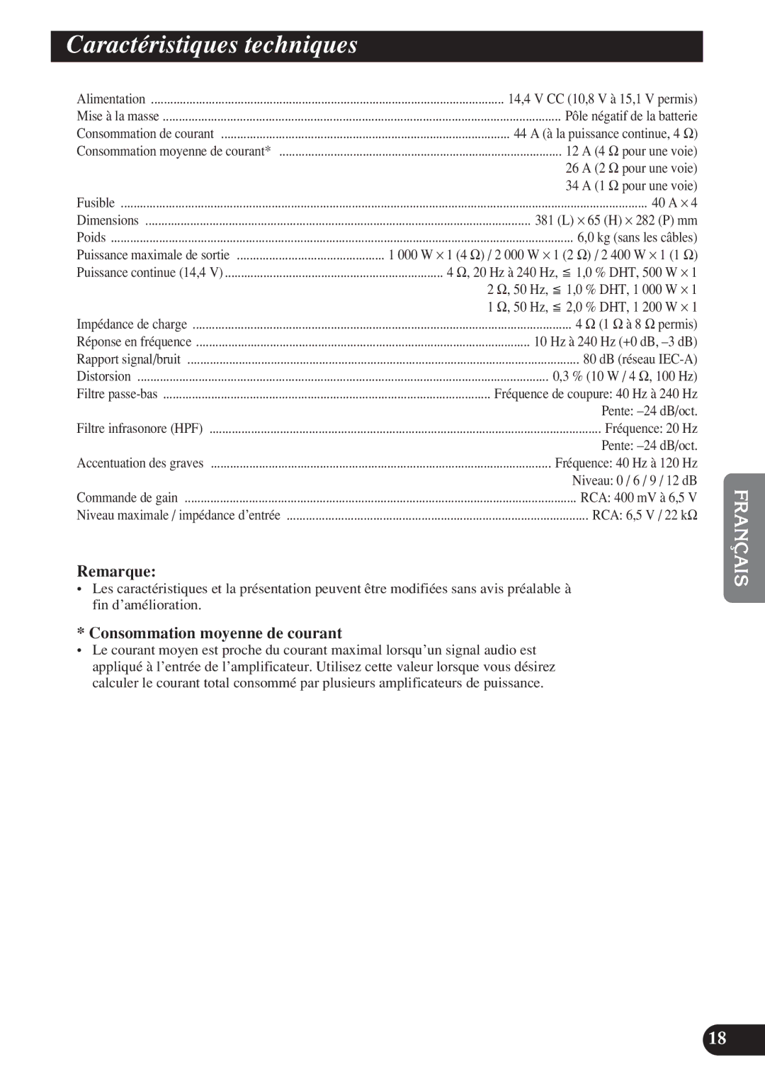 Pioneer D1200SPL owner manual Caractéristiques techniques 