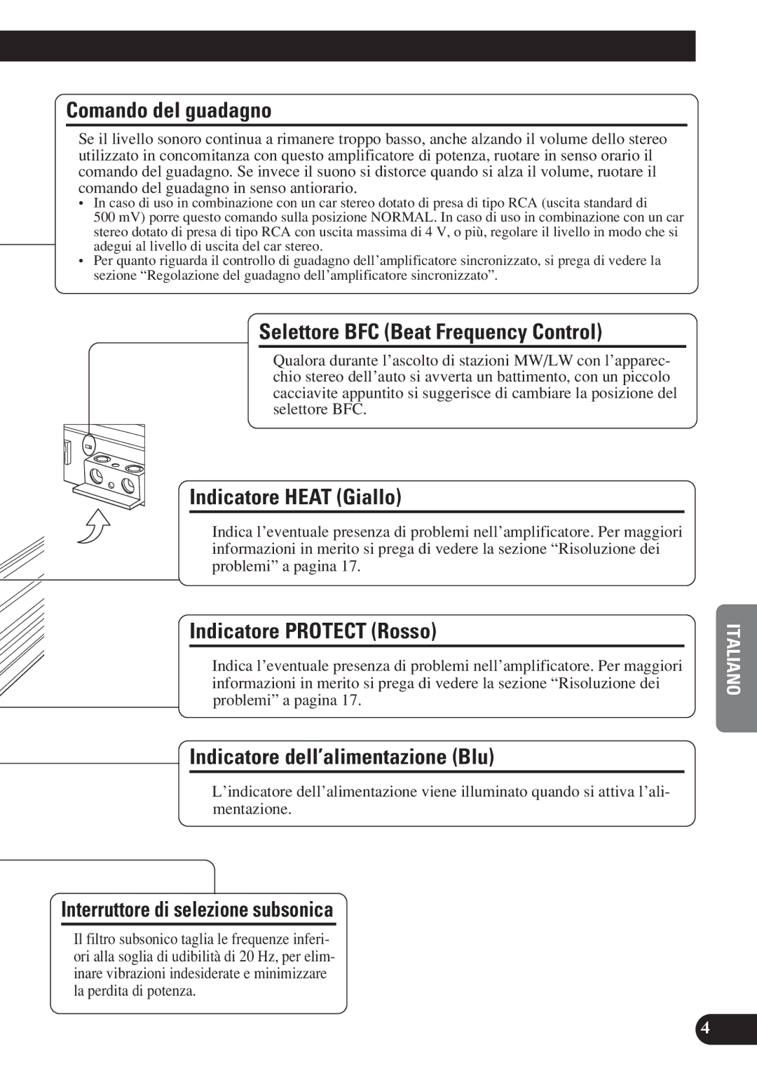 Pioneer D1200SPL owner manual Comando del guadagno, Selettore BFC Beat Frequency Control, Indicatore Heat Giallo 