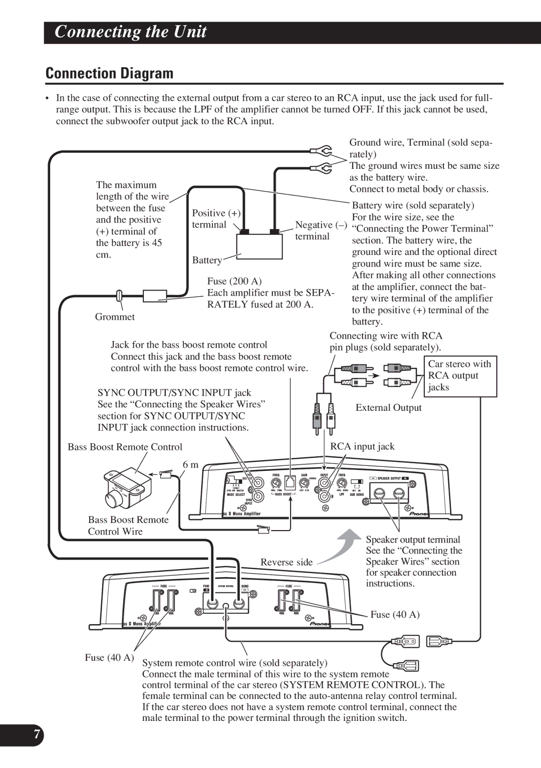 Pioneer D1200SPL owner manual Connection Diagram, Bass Boost Remote Control, Reverse side, Instructions, Fuse 40 a 