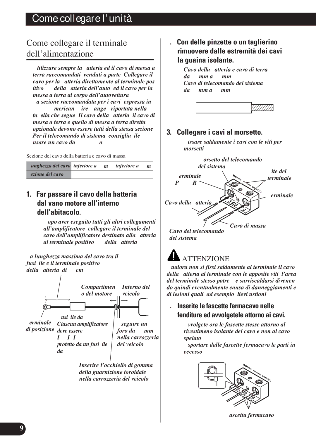 Pioneer D1200SPL owner manual Come collegare il terminale dell’alimentazione, Collegare i cavi al morsetto 