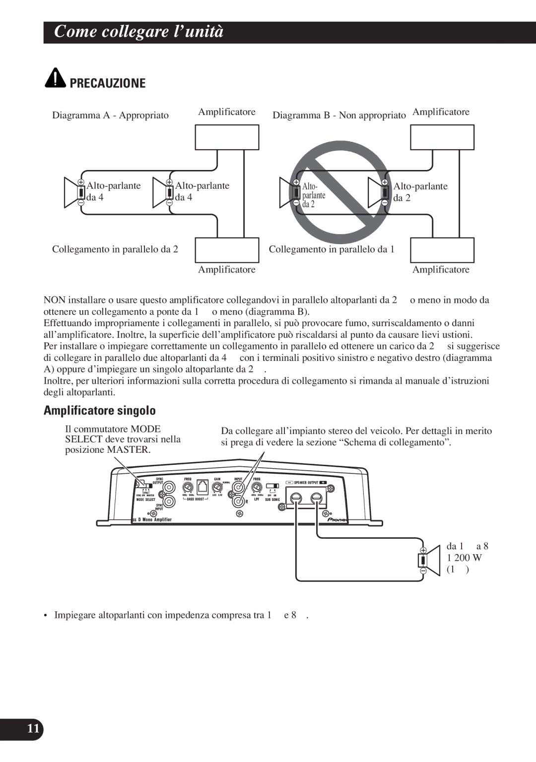 Pioneer D1200SPL owner manual Amplificatore singolo, Diagramma a Appropriato, Alto-parlante 