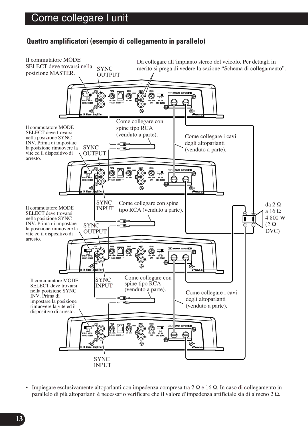 Pioneer D1200SPL owner manual Quattro amplificatori esempio di collegamento in parallelo, Select deve trovarsi nella Sync 