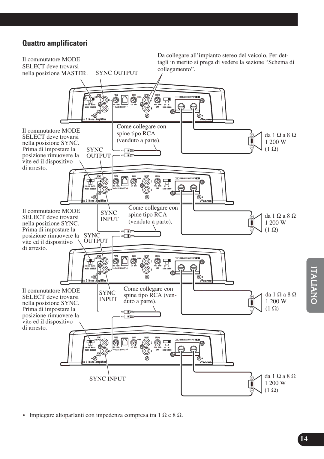 Pioneer D1200SPL Quattro amplificatori, Select deve trovarsi, Nella posizione MASTER. Sync Output, Sync Input Output 