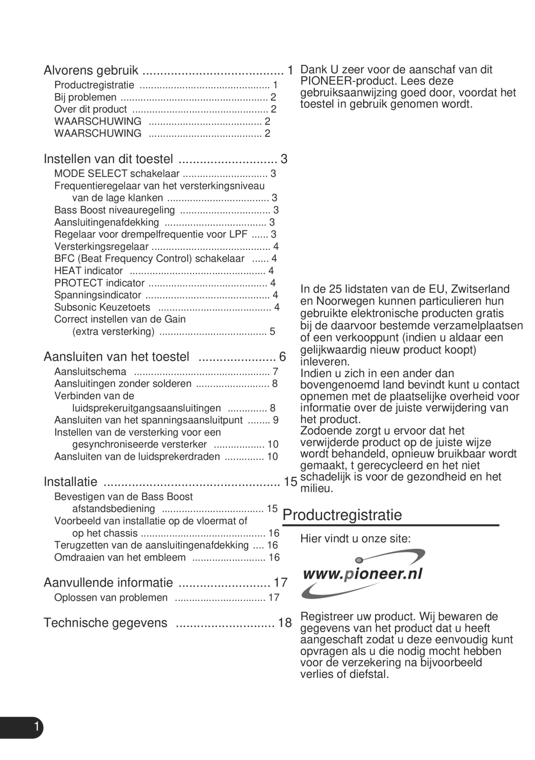 Pioneer D1200SPL owner manual Inhoudsopgave, Alvorens gebruik, Productregistratie 