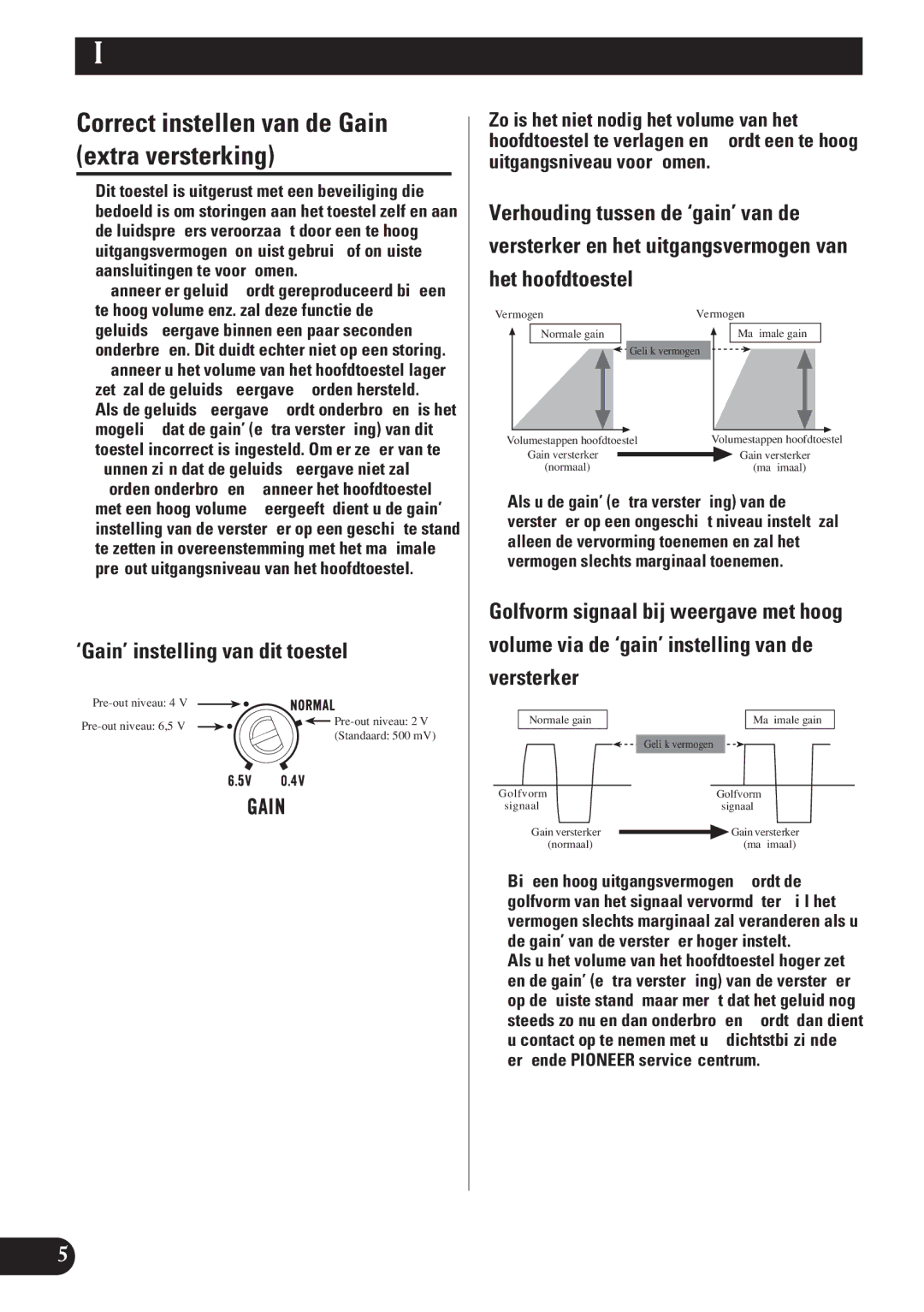 Pioneer D1200SPL owner manual Correct instellen van de Gain extra versterking, ‘Gain’ instelling van dit toestel 