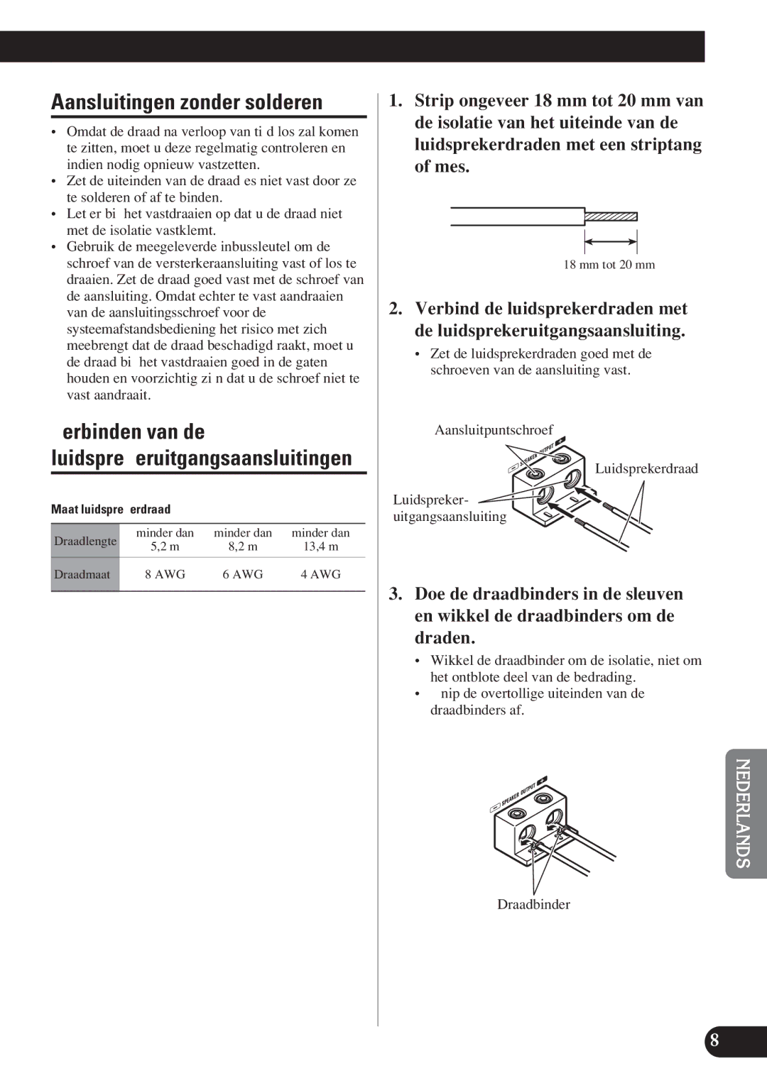 Pioneer D1200SPL owner manual Aansluitingen zonder solderen, Verbinden van de luidsprekeruitgangsaansluitingen 