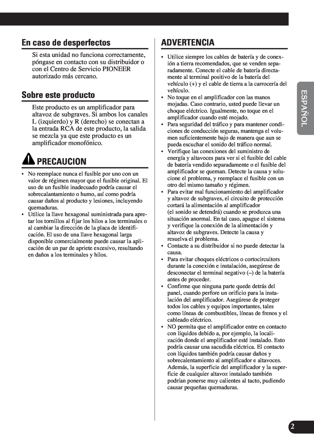 Pioneer D1200SPL owner manual En caso de desperfectos, Sobre este producto, Precaucion, Advertencia 