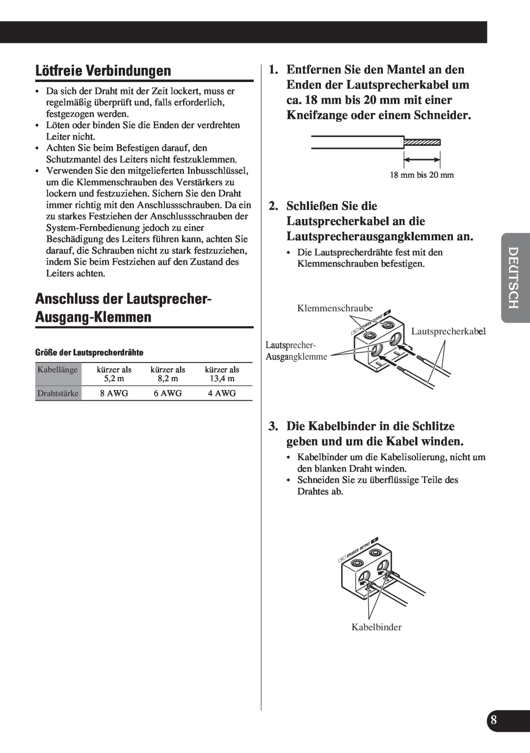 Pioneer D1200SPL owner manual Lötfreie Verbindungen, Anschluss der Lautsprecher- Ausgang-Klemmen 