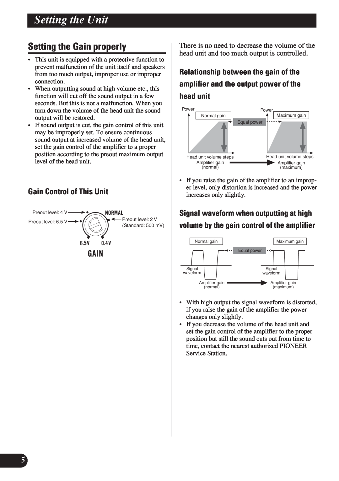Pioneer D1200SPL owner manual Setting the Gain properly, Relationship between the gain of the, Gain Control of This Unit 