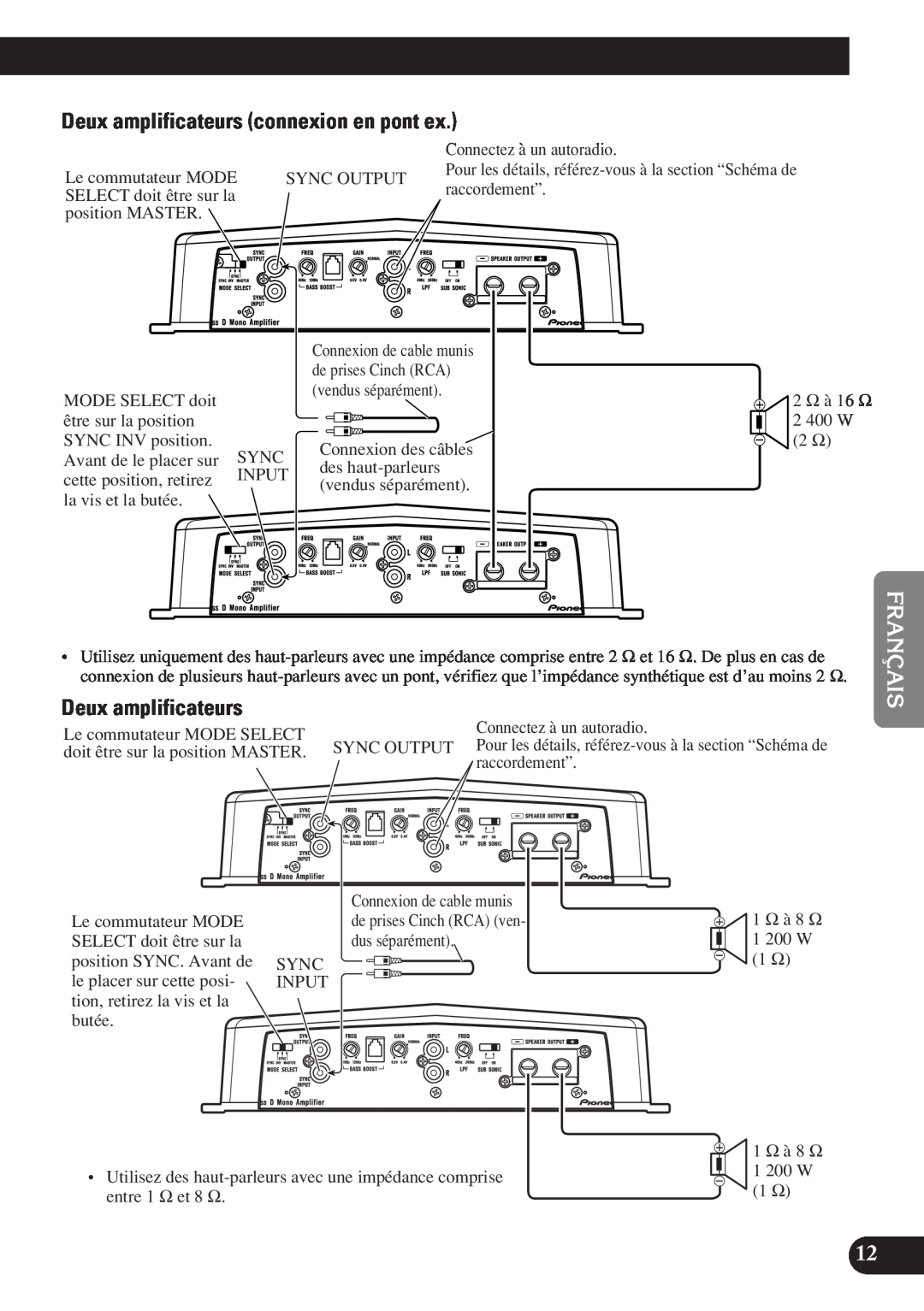 Pioneer D1200SPL owner manual Deux amplificateurs connexion en pont ex, English Español, Deutsch, Français Italiano 