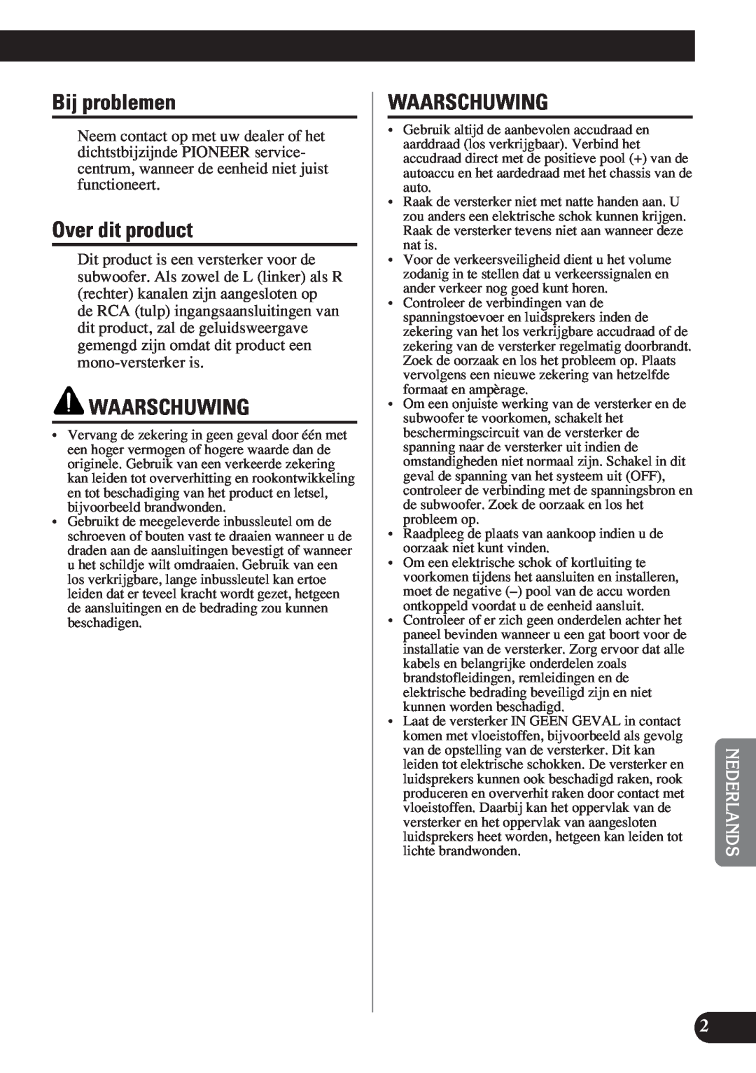 Pioneer D1200SPL owner manual Bij problemen, Over dit product, Waarschuwing 