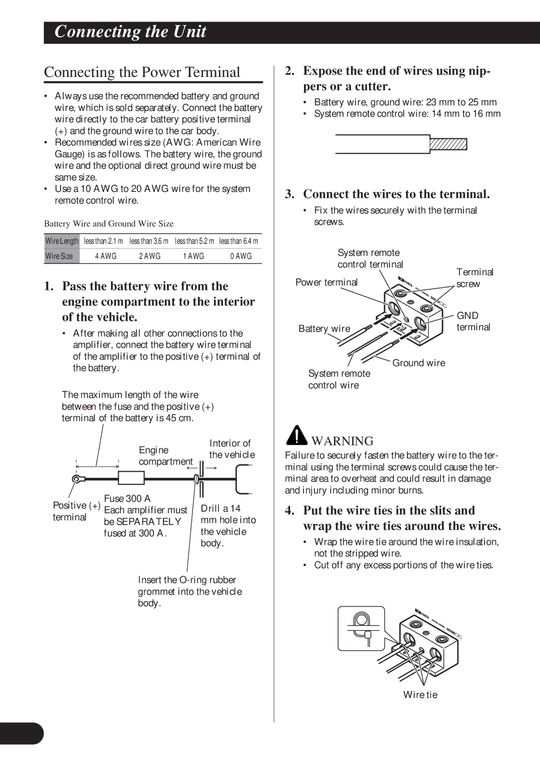 Pioneer D2000SPL owner manual Connecting the Power Terminal, Expose the end of wires using nip- pers or a cutter, Gnd 