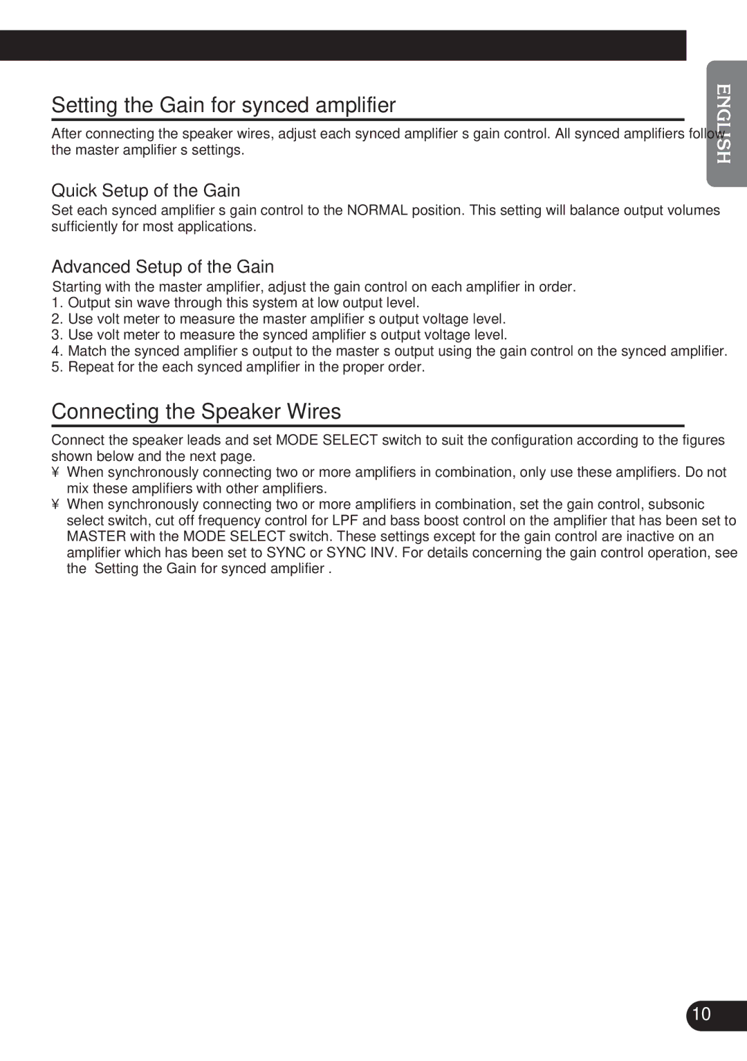 Pioneer D2000SPL owner manual Setting the Gain for synced amplifier, Connecting the Speaker Wires, Quick Setup of the Gain 