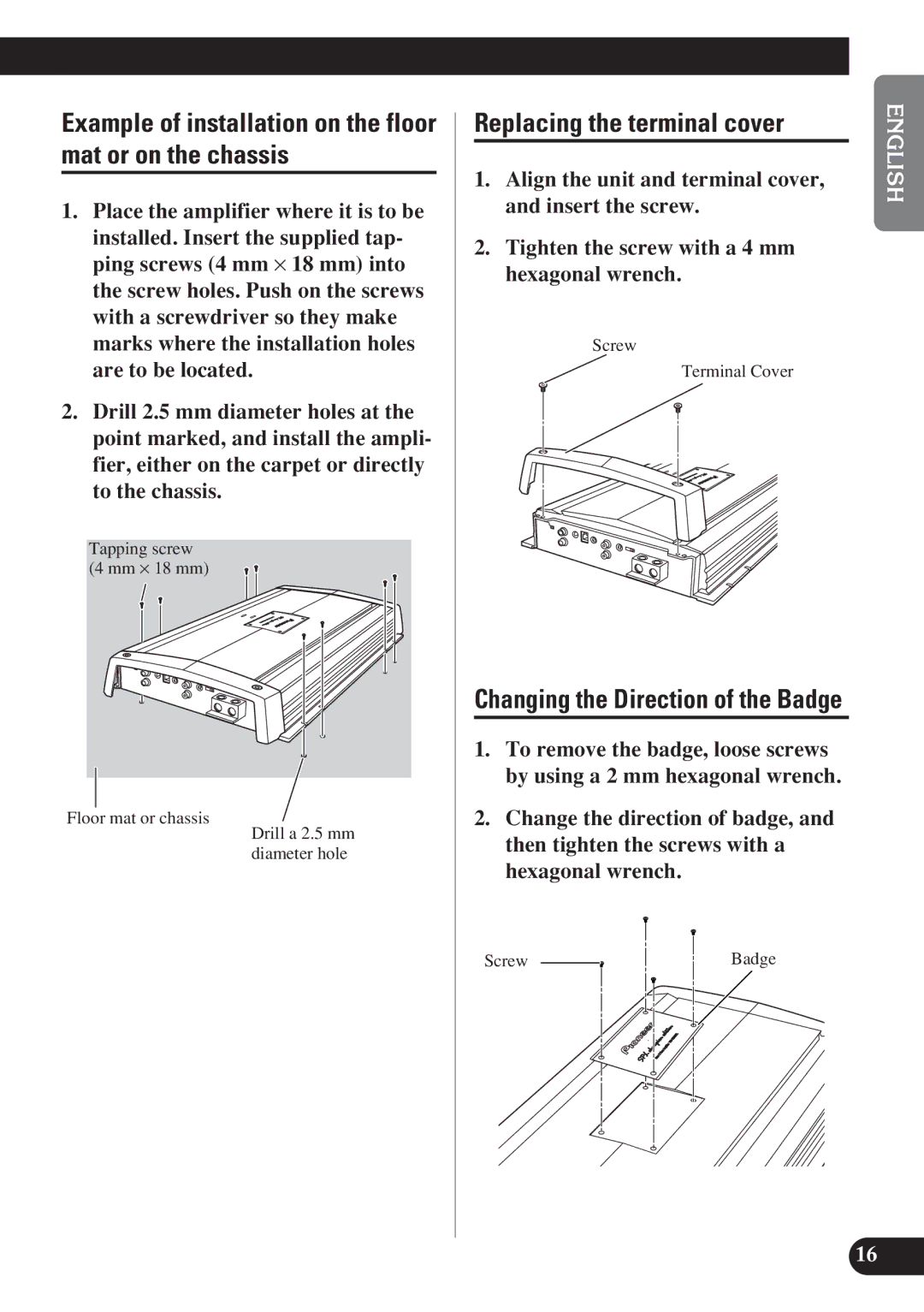 Pioneer D2000SPL owner manual Example of installation on the floor mat or on the chassis, Replacing the terminal cover 