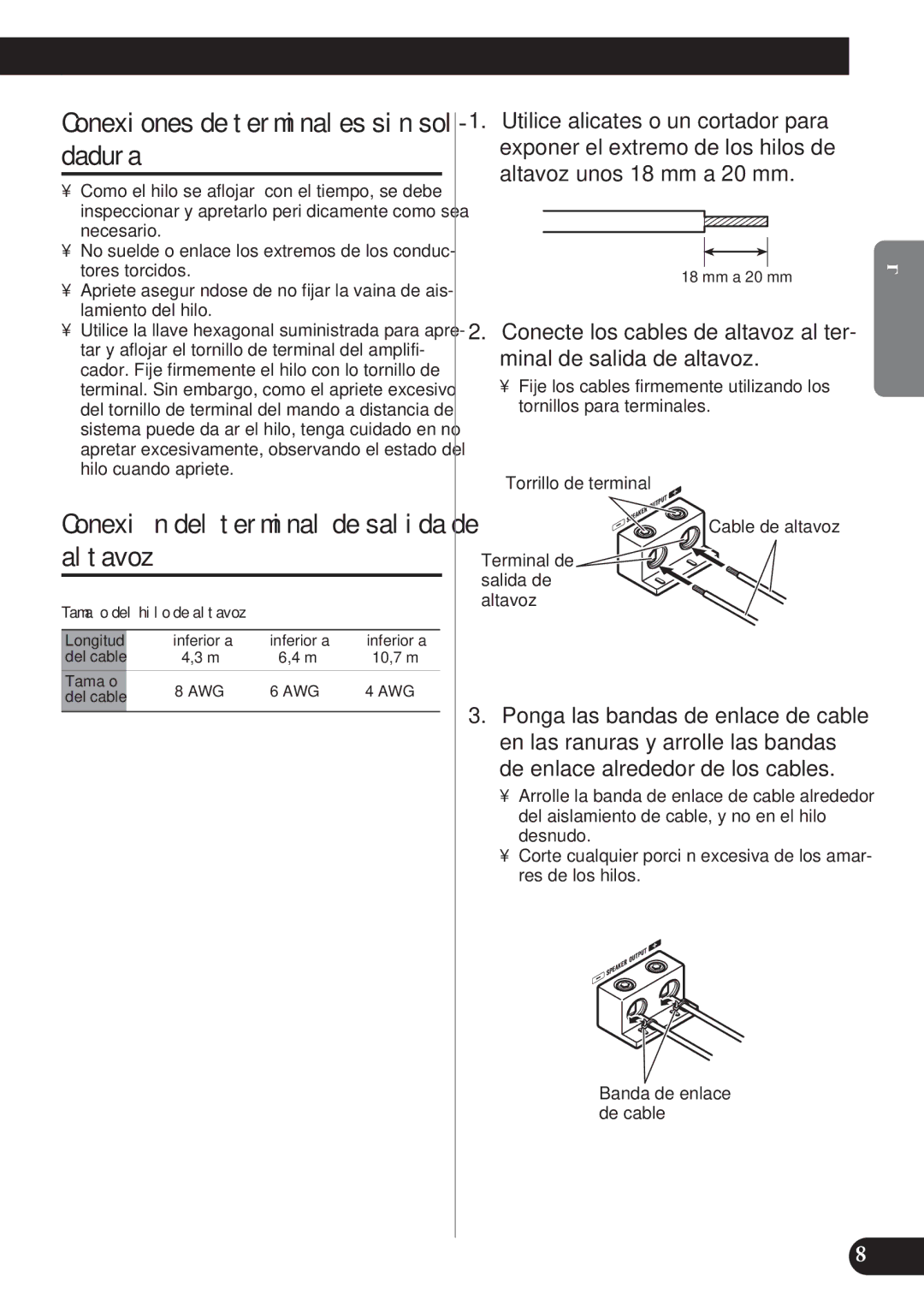 Pioneer D2000SPL owner manual Conexiones de terminales sin sol- dadura, Conexión del terminal de salida de altavoz 