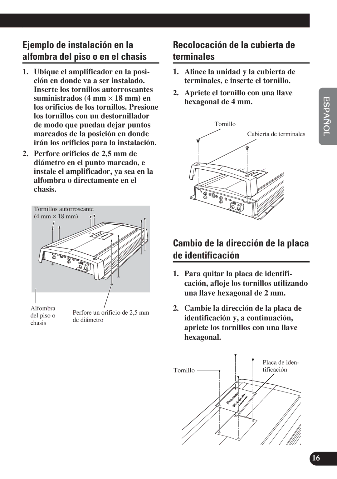 Pioneer D2000SPL Recolocación de la cubierta de terminales, Cambio de la dirección de la placa de identificación 