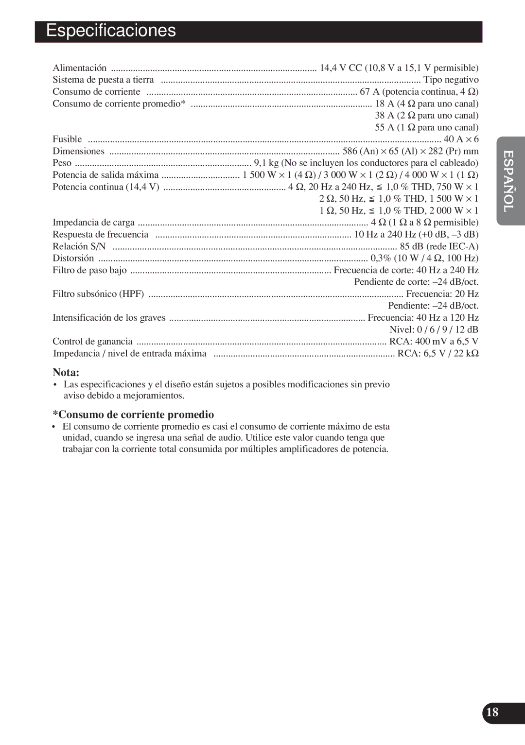 Pioneer D2000SPL owner manual Especificaciones 