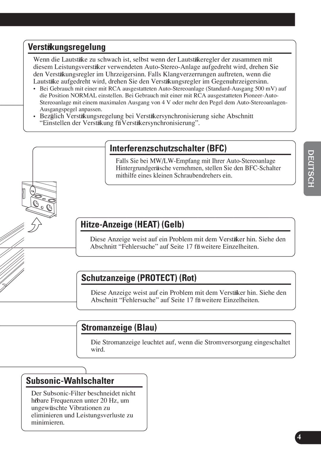 Pioneer D2000SPL Verstärkungsregelung, Interferenzschutzschalter BFC, Hitze-Anzeige Heat Gelb, Schutzanzeige Protect Rot 