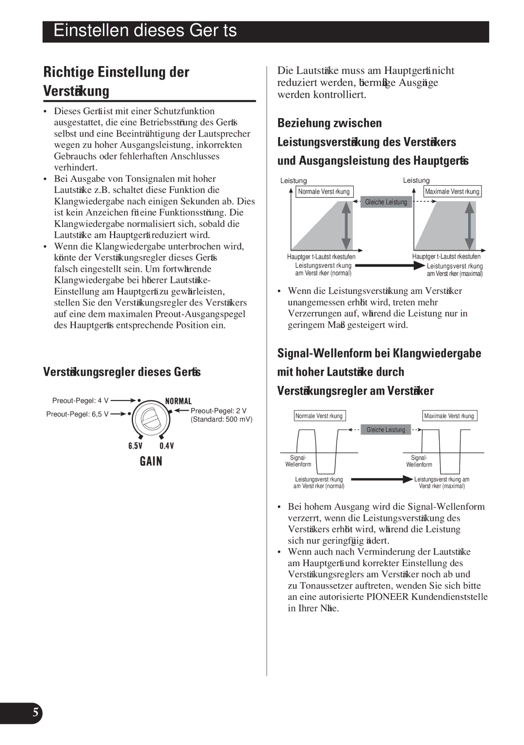 Pioneer D2000SPL owner manual Richtige Einstellung der Verstärkung, Verstärkungsregler dieses Geräts 